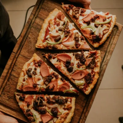 Pizza Gon slices on tray top view