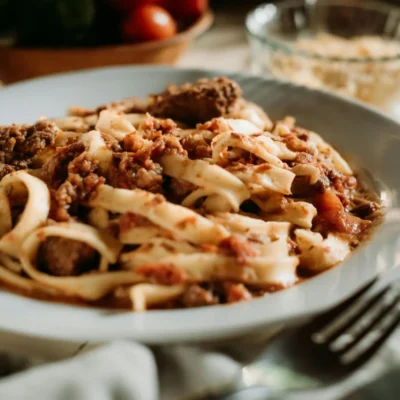 Pasta Bolognese close up view