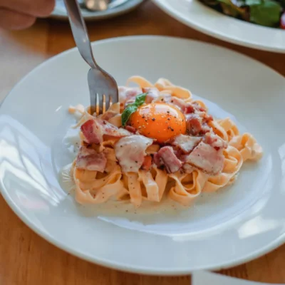 Pasta Carbonara in a plate top view