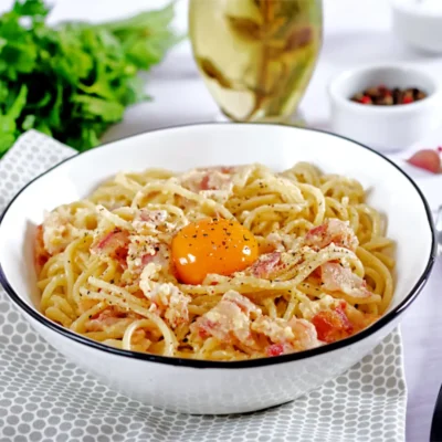 Pasta Carbonara in a bowl Top view
